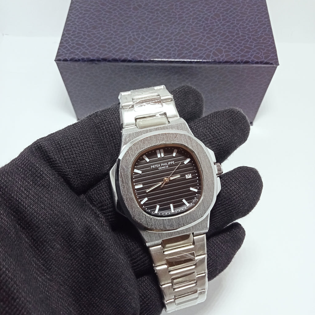 Patek Philippe Elegant Silver Watch – Black Dial.