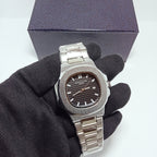 Patek Philippe Elegant Silver Watch – Black Dial.