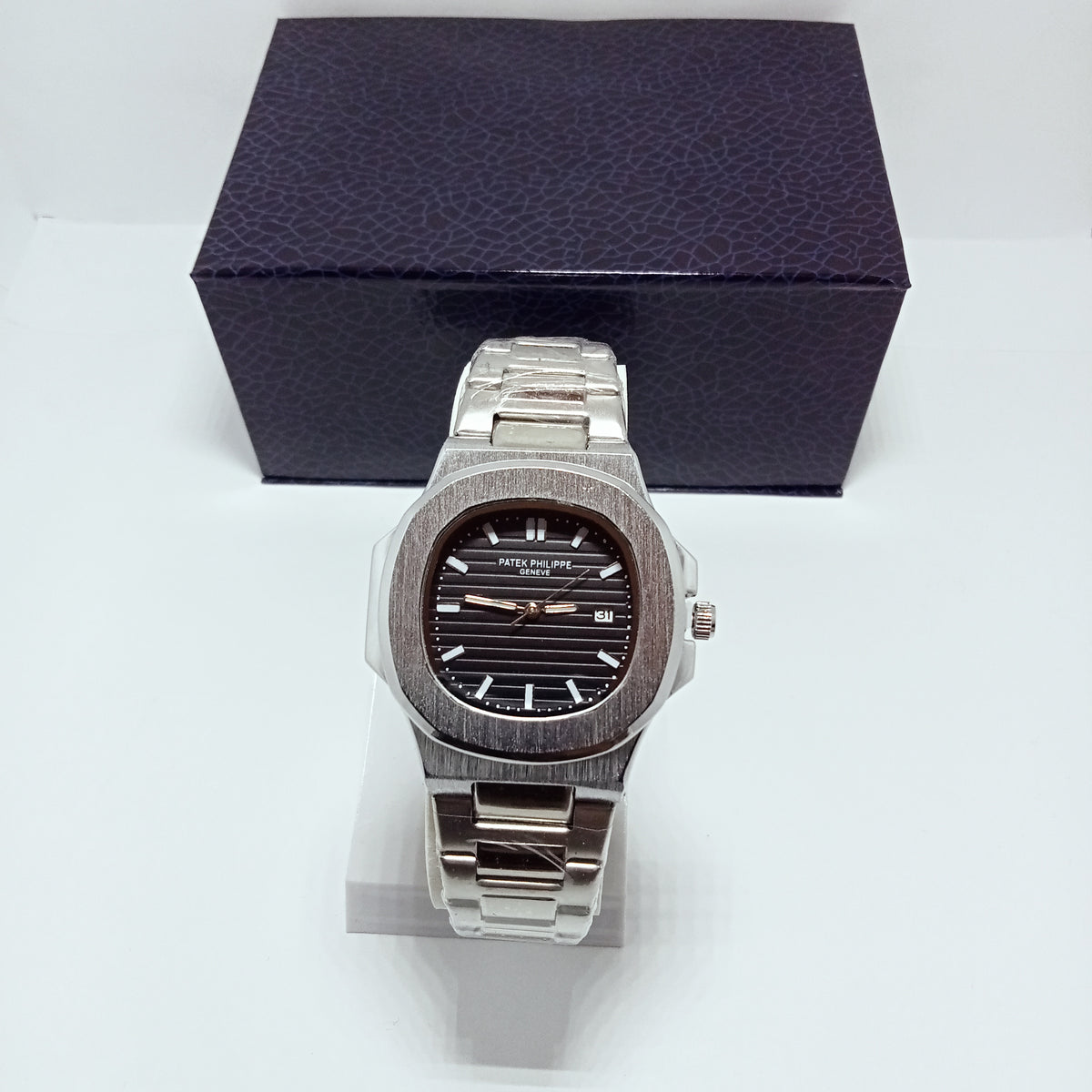 Patek Philippe Elegant Silver Watch – Black Dial.