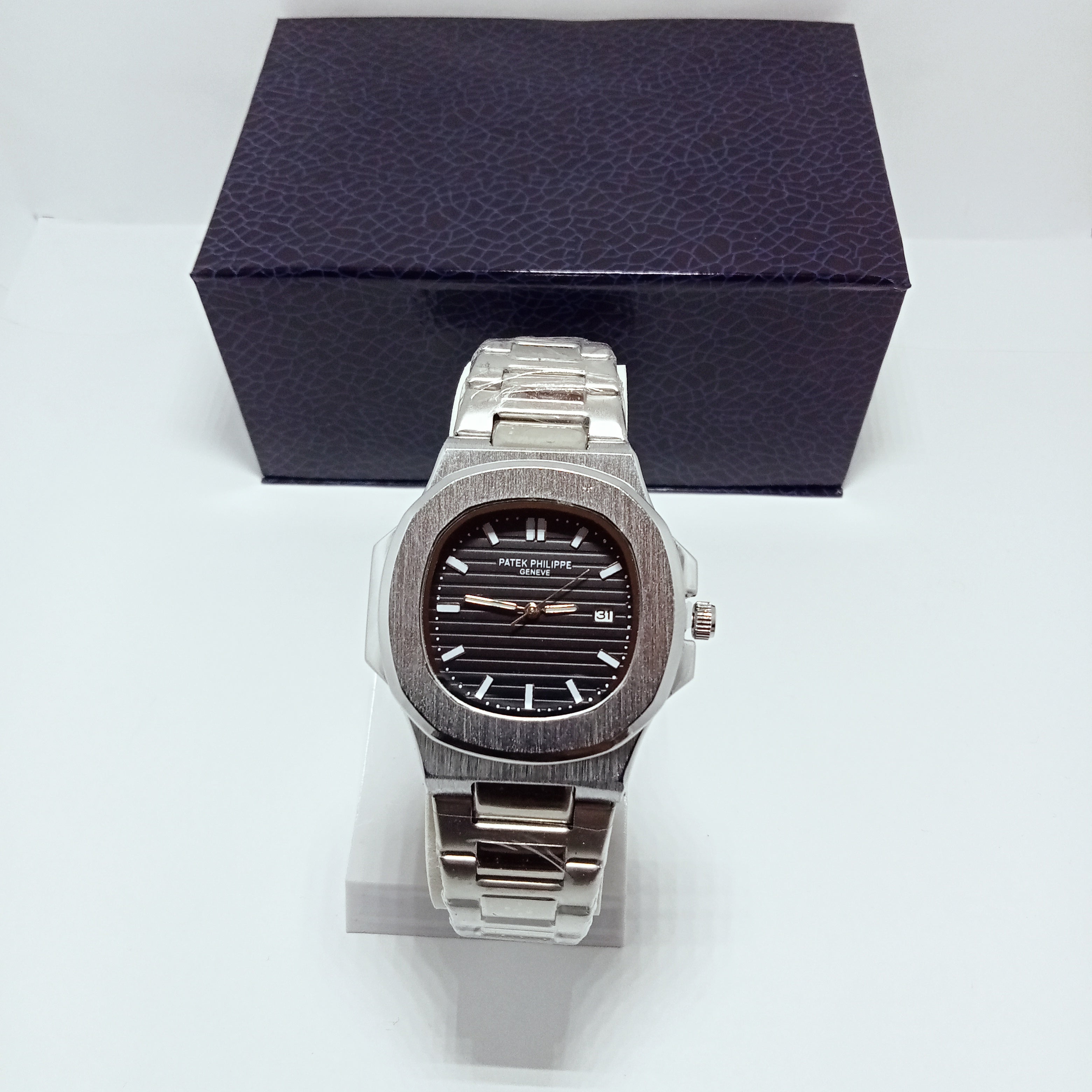 Patek Philippe Elegant Silver Watch – Black Dial.