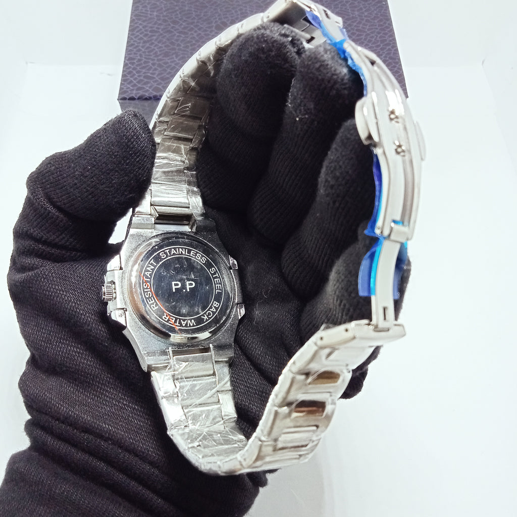 Patek Philippe Elegant Silver Watch – Black Dial.