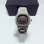 Patek Philippe Elegant Silver Watch – Black Dial.