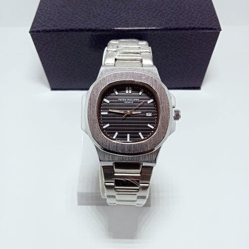 Patek Philippe Elegant Silver Watch – Black Dial.